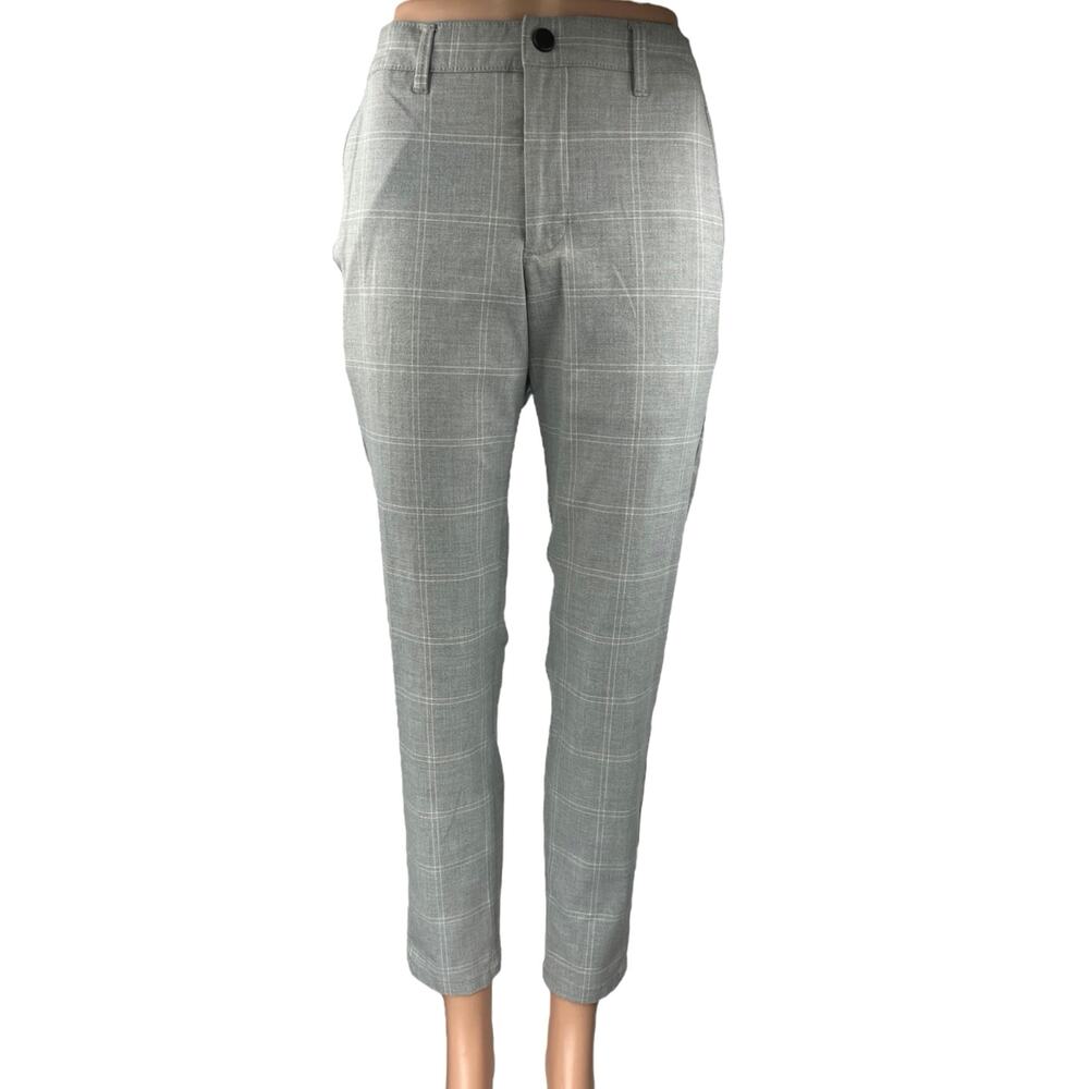 Zara Gray Plaid Checkered Straight Skinny High Rise Trousers Dress Pants Size S
